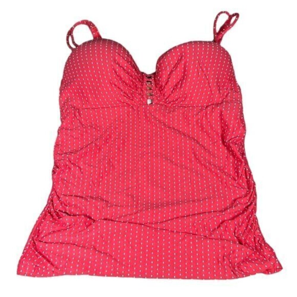 Women's Cacique Ruched Bandeau Coral White Polka Dot Swimsuit Size 38D EUC #2186
